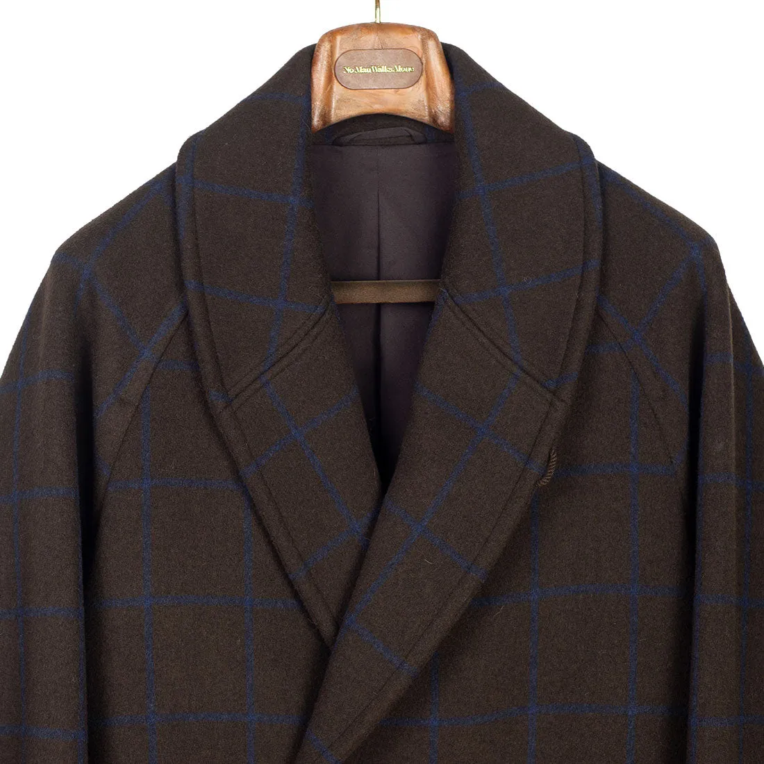Shawl collar belted coat in brown melton wool/cashmere with blue overcheck