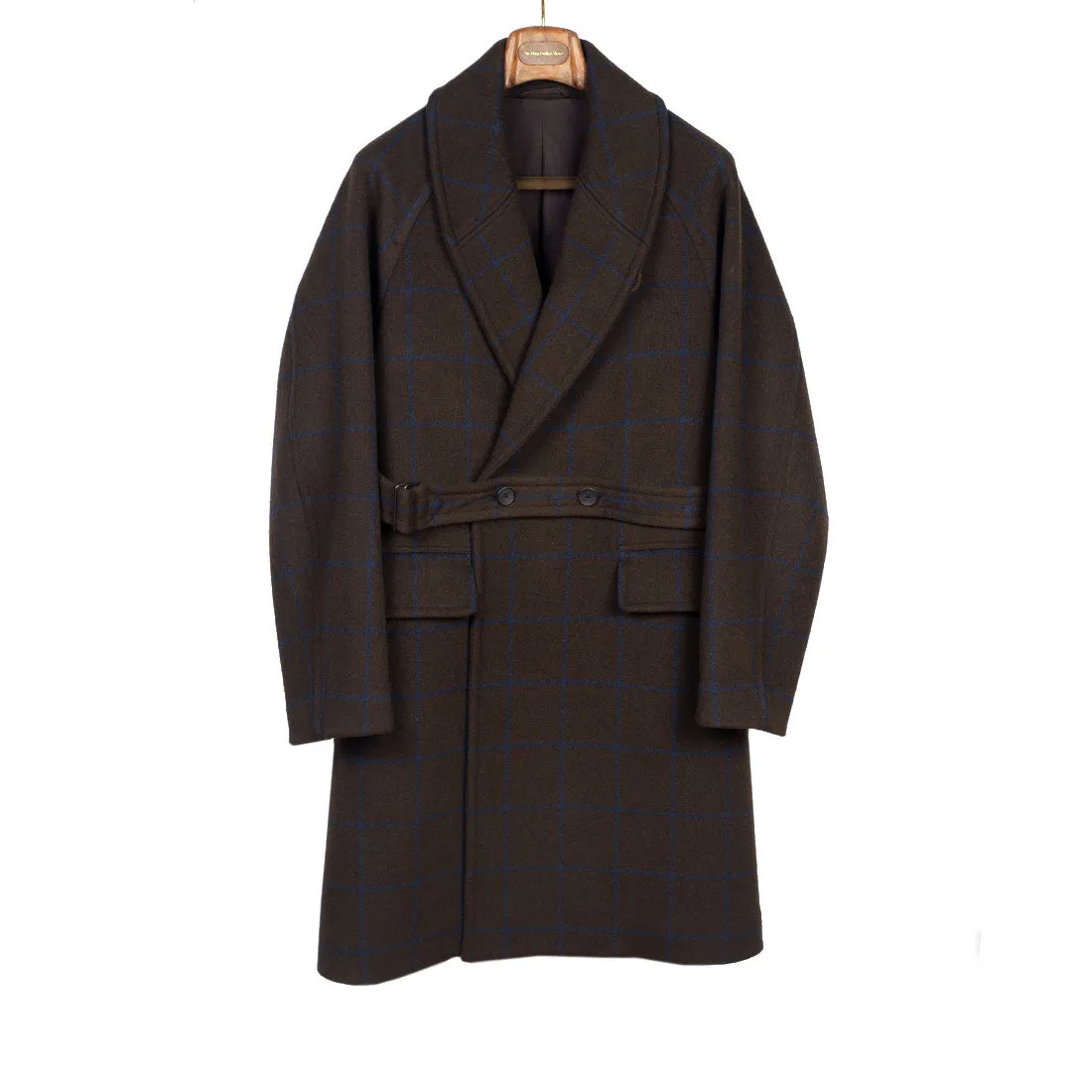 Shawl collar belted coat in brown melton wool/cashmere with blue overcheck