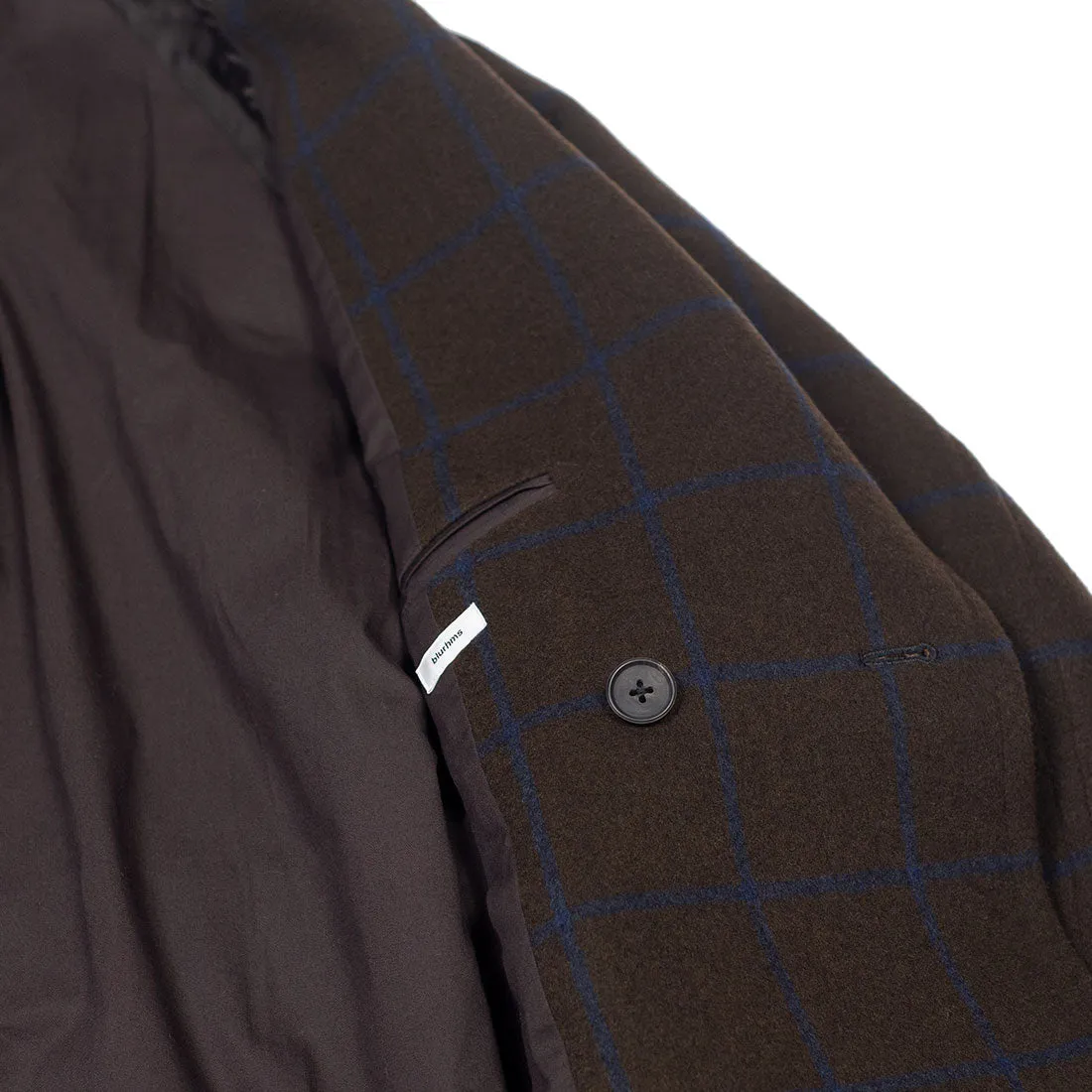 Shawl collar belted coat in brown melton wool/cashmere with blue overcheck