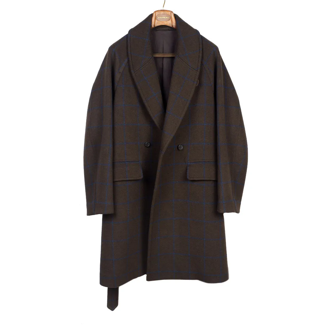 Shawl collar belted coat in brown melton wool/cashmere with blue overcheck