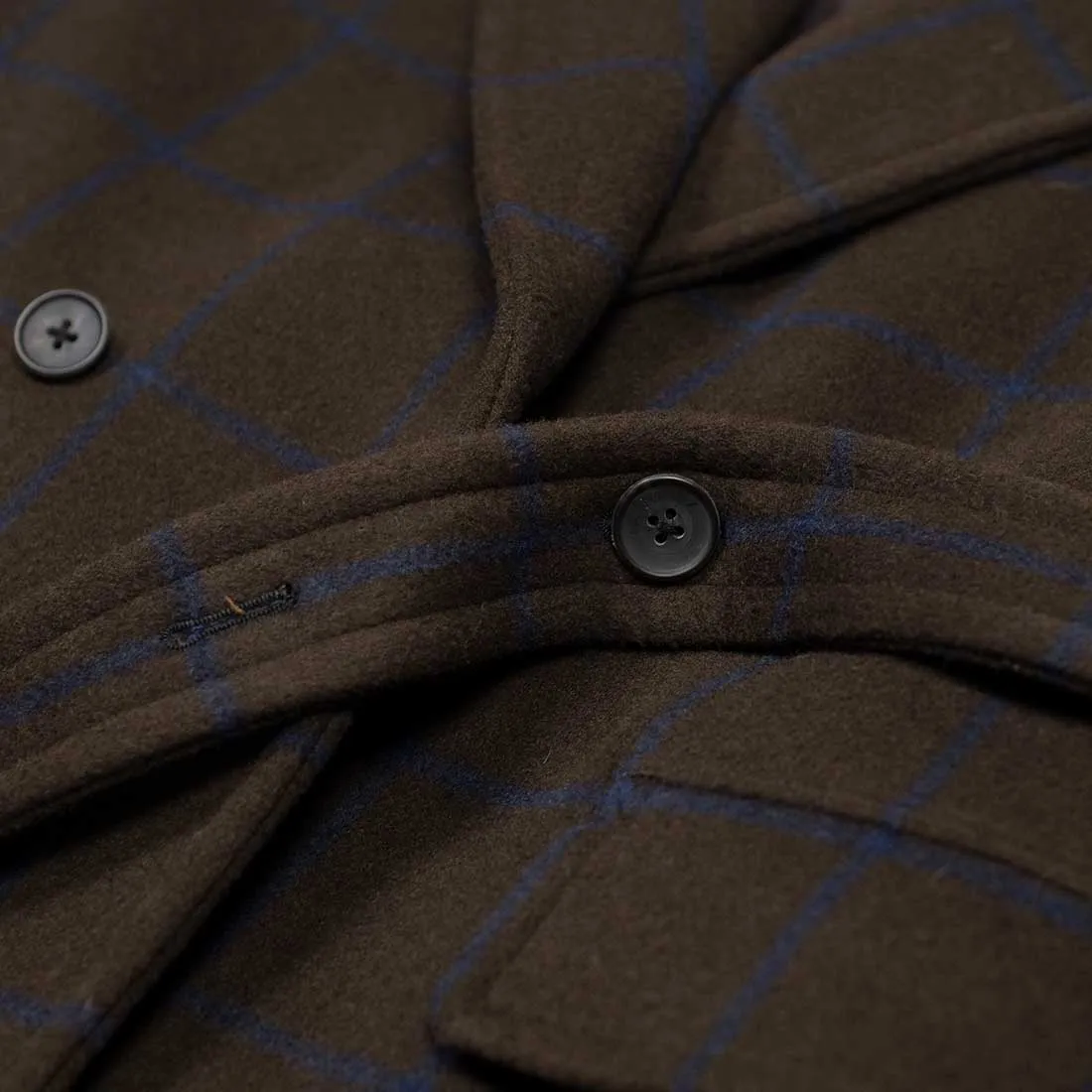 Shawl collar belted coat in brown melton wool/cashmere with blue overcheck