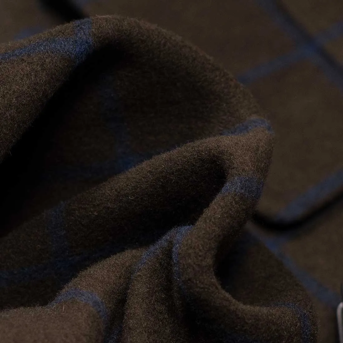 Shawl collar belted coat in brown melton wool/cashmere with blue overcheck