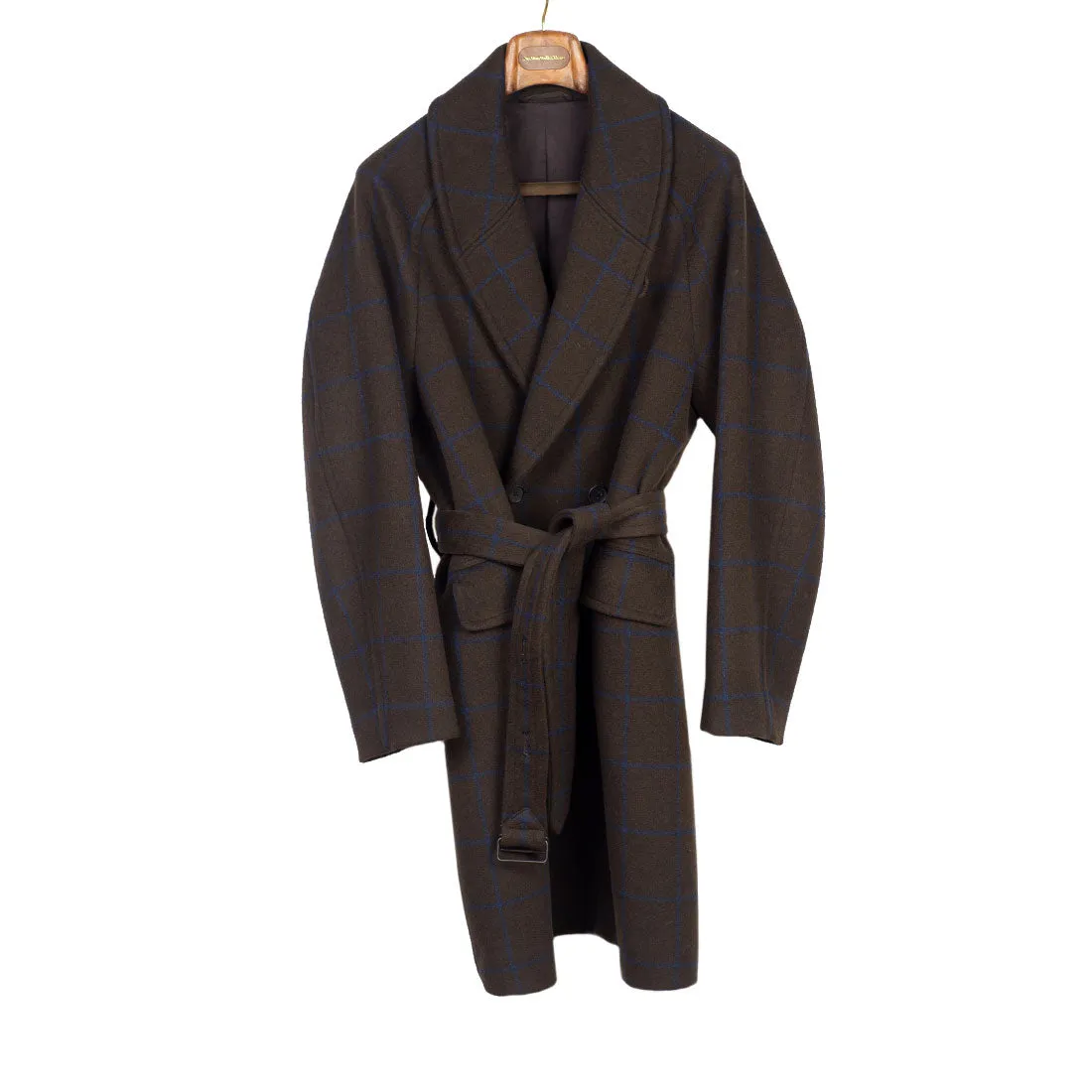 Shawl collar belted coat in brown melton wool/cashmere with blue overcheck