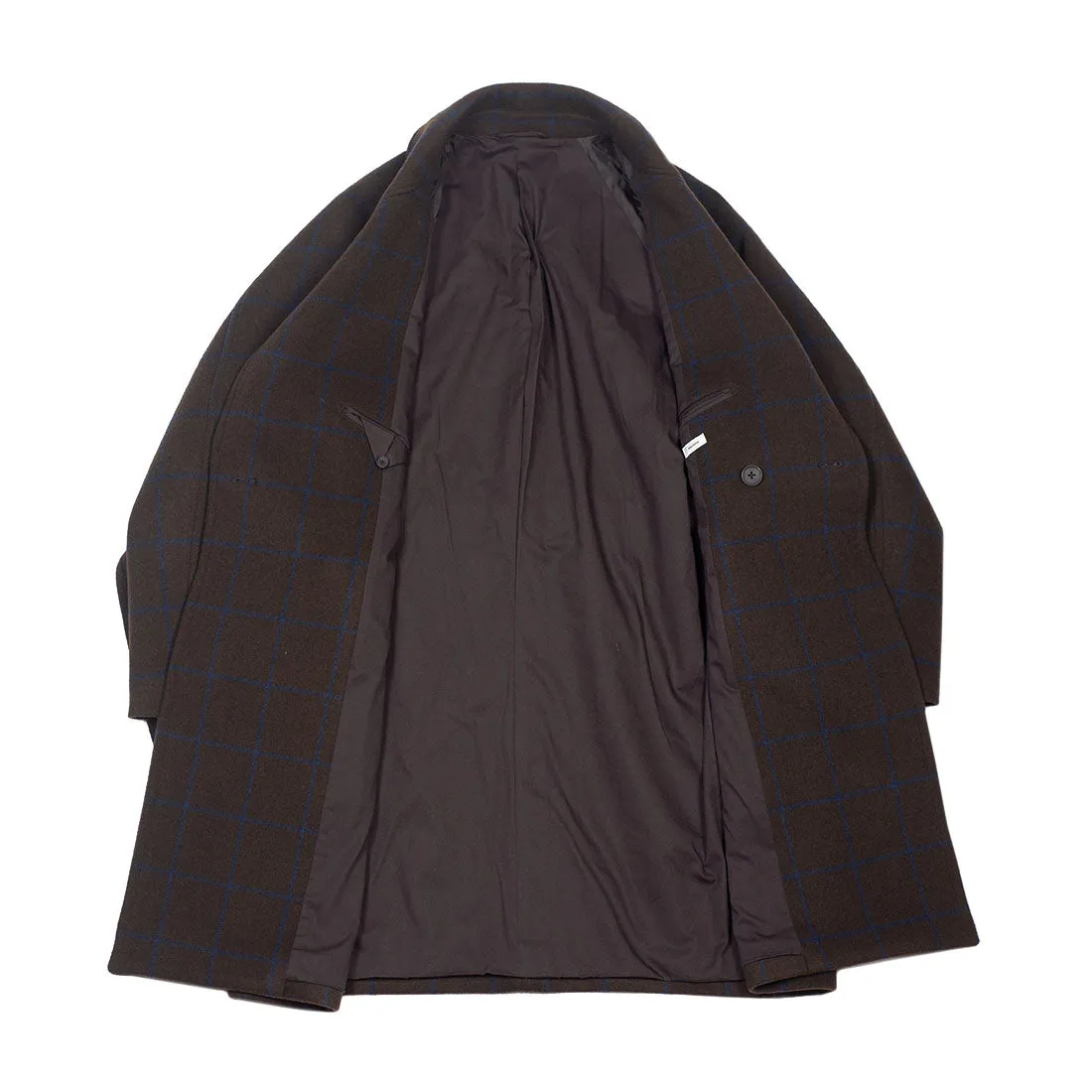 Shawl collar belted coat in brown melton wool/cashmere with blue overcheck