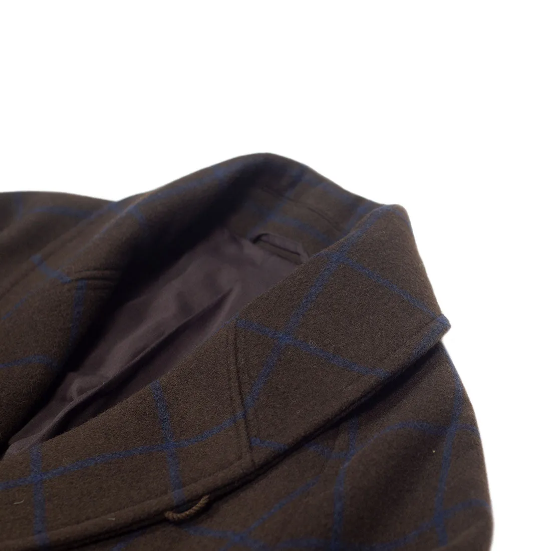 Shawl collar belted coat in brown melton wool/cashmere with blue overcheck