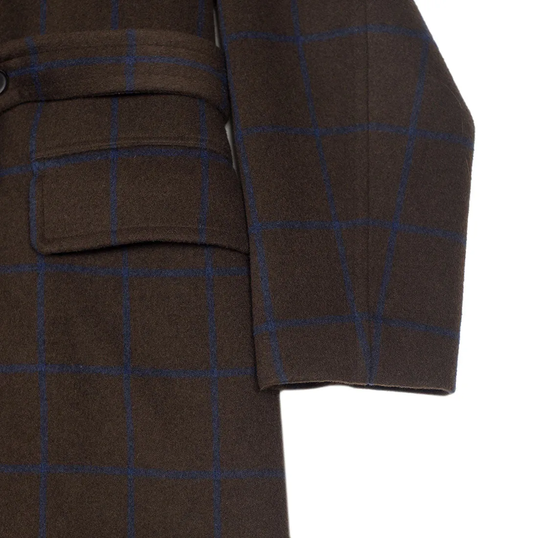 Shawl collar belted coat in brown melton wool/cashmere with blue overcheck