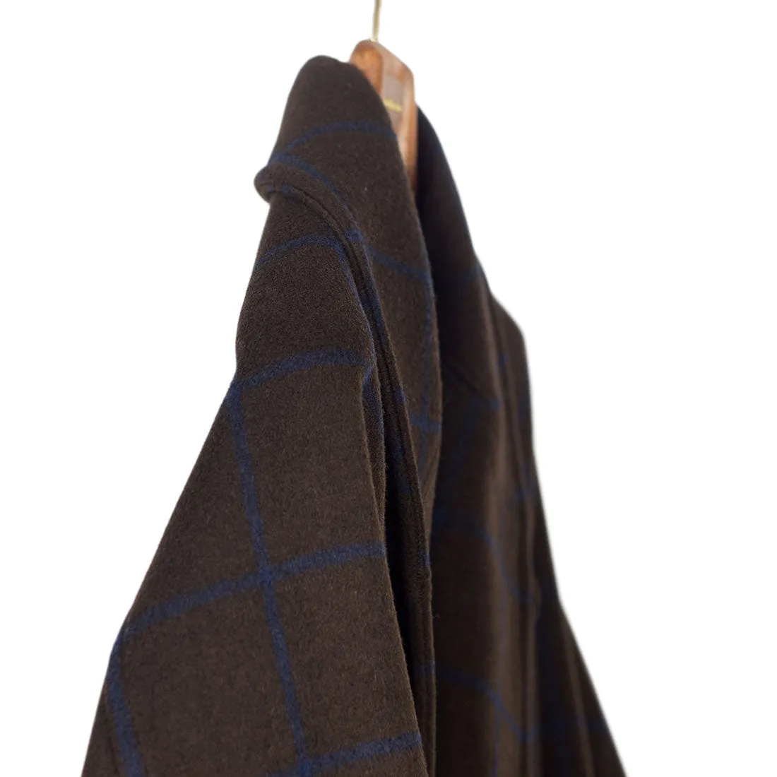 Shawl collar belted coat in brown melton wool/cashmere with blue overcheck