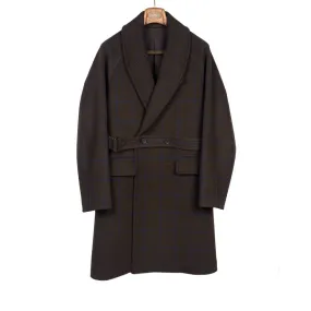 Shawl collar belted coat in brown melton wool/cashmere with blue overcheck
