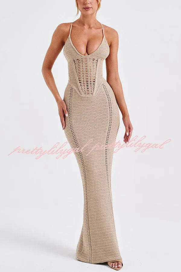 Warm Weather Favorite Knit Crochet Hollow Out Back Lace-up Stretch Maxi Dress