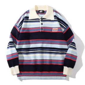 Wiaofellas  -  Striped Knitted Sweater Men Women Hip Hop Streetwear Color block Pullover Mens lapel Vintage Harajuku Loose Jumper Couple Retro