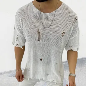Wiaofellas  -  Vintage Knitting T Shirts Men Summer Short Sleeve O Neck Fashion Ripped Tee Streetwear Mens Leisure Solid Color Knit Jumper Tops
