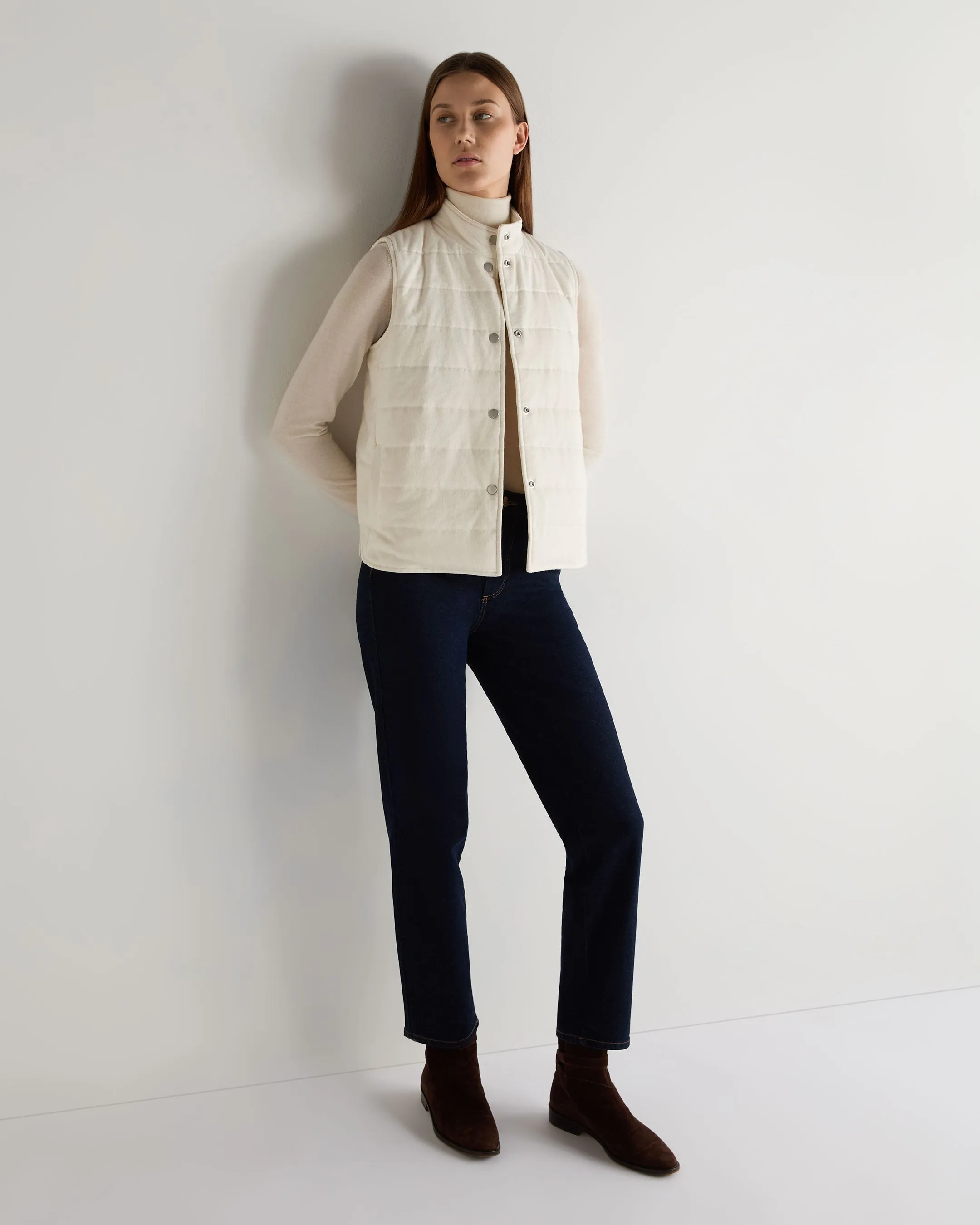 Women's Button Through Cotton Blend Quilted Gilet New Ivory White
